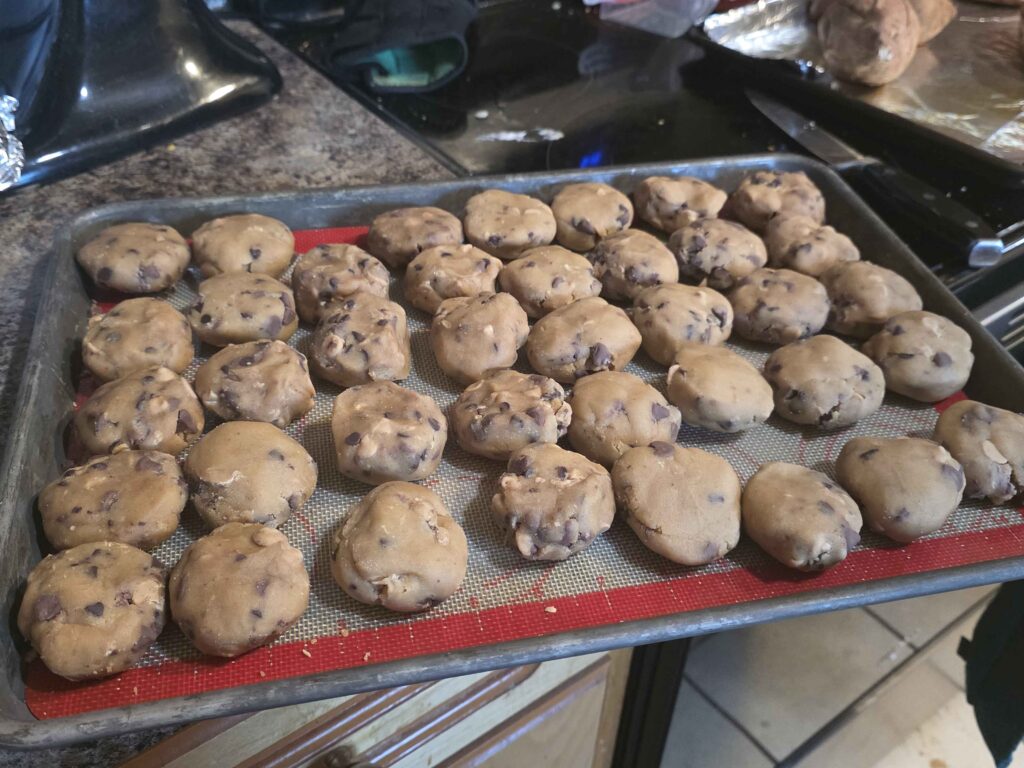 All of the formed cookies on a tray. We didn't cook them all like this, we spread them out.