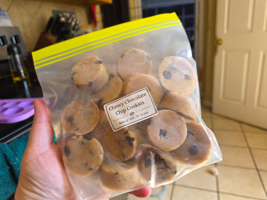 One of my reusable ziplock bags with the cookies thrown chaotically into it. I did make a nice label with my label maker though!
