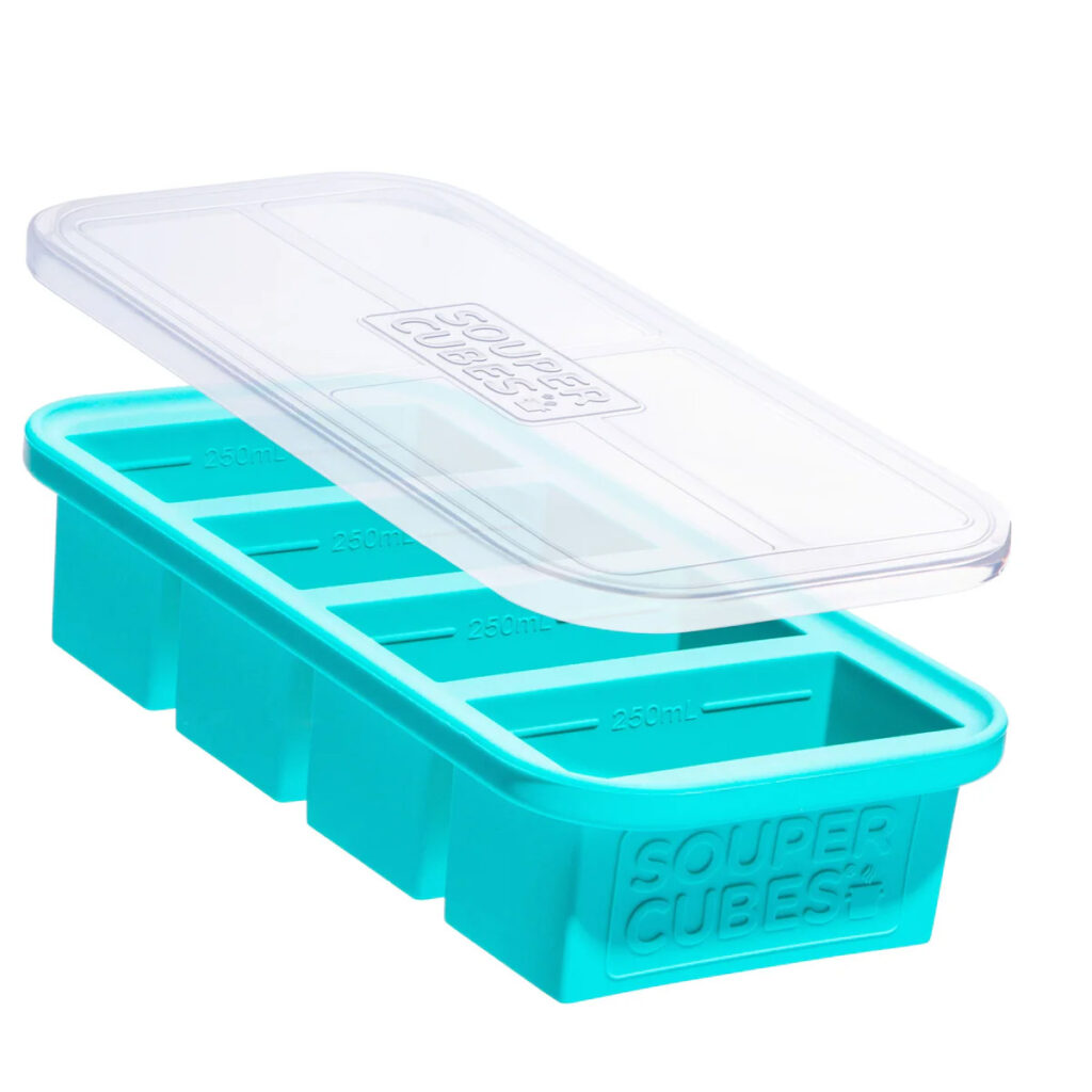 The 1 cup souper cube, which has 4 cavities that are each 1 cup but also has 1/2 cup and ml measurement markers