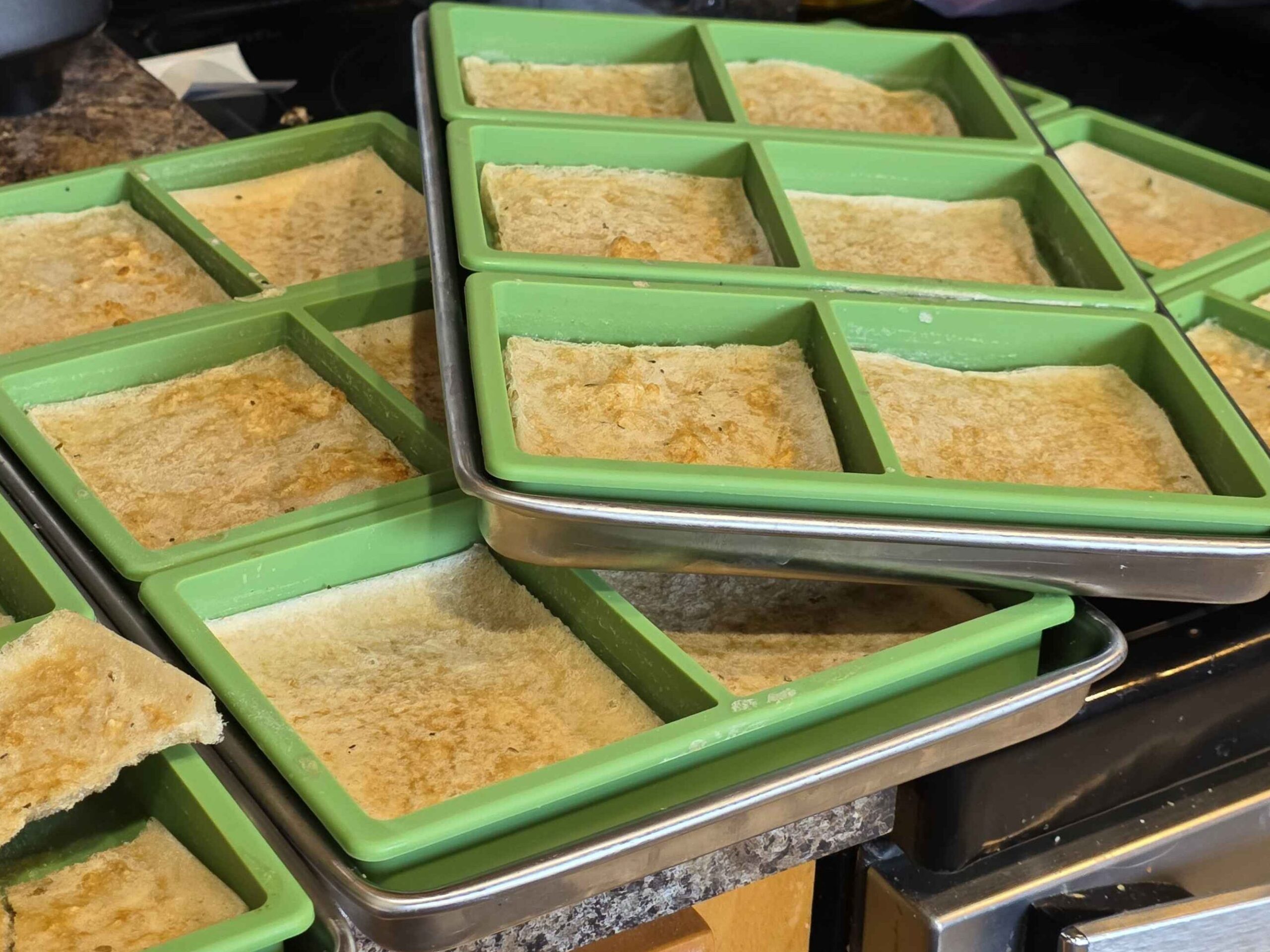 a close up shot of two trays full of my little green silicone molds. there are six squares per tray, and each square held 1/2 cup of stock
